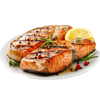 Grilled salmon steaks with lemon and herbs on a plate isolated on transparent background png
