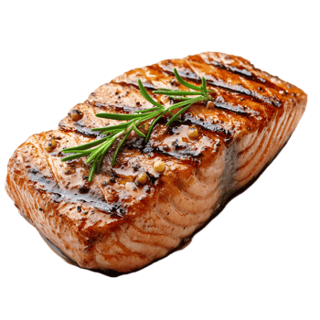 Grilled salmon fillet with rosemary and peppercorns dish isolated on transparent background png