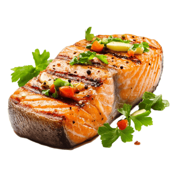 Grilled salmon fillet with herbs and spices presentation isolated on transparent background png