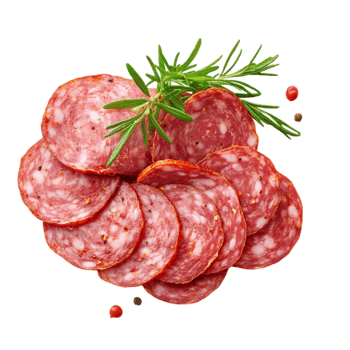 Delicious salami slices arrangement with rosemary sprigs isolated on transparent background png