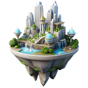 serene classic Floating island city, futuristic architecture, waterfalls, lush vegetation, utopian style exclusive png