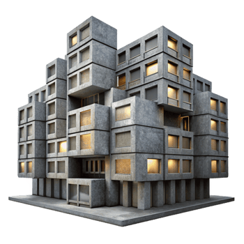 serene classic Brutalist concrete apartment complex, repetitive modular units, overcast grey lighting, stark and imposing, brutalist style high resolution png