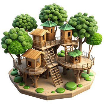 beautiful abstract Treehouse village, interconnected wooden platforms, lush foliage, dappled sunlight, fantasy style genuine png