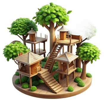 dramatic vintage Treehouse village, interconnected wooden platforms, lush foliage, dappled sunlight, fantasy style original png