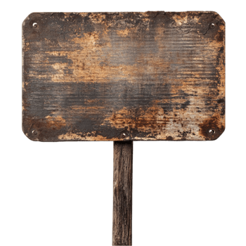 Vintage rusty metal sign on wooden post advertisement isolated on transparent background png