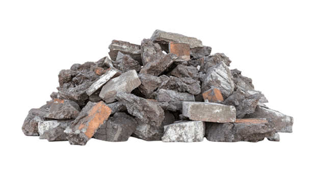 Pile of broken bricks rubble construction waste material isolated on transparent background png