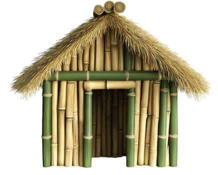 tropical dog house made of bamboo and thatched roof, showcasing rustic design. This unique structure blends natural materials for charming look png