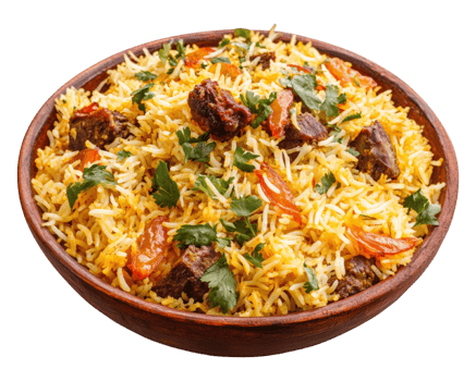 delicious plate of goat biryani featuring fragrant saffron rice, tender meat, and fresh herbs, perfect for hearty meal png