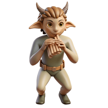 elegant contemporary A mischievous satyr playing a pan flute in a sun-drenched forest glade, light reflecting off his goat-like legs. Impressionist style authentic png