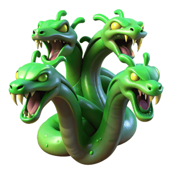 magnificent abstract The hydra, its multiple heads hissing, bathed in the eerie green light of a swamp. Surrealist style detailed png