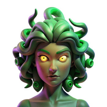 wonderful abstract A powerful gorgon, her gaze turning men to stone, illuminated by the eerie green light of her eyes. Surrealist style genuine png