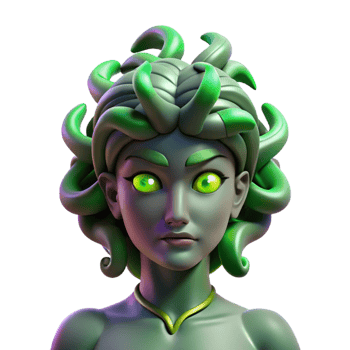magnificent abstract A powerful gorgon, her gaze turning men to stone, illuminated by the eerie green light of her eyes. Surrealist style 4K png