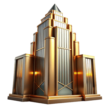 vibrant rustic Art Deco skyscraper, intricate geometric facade, golden hour lighting, highly polished chrome accents, streamlined design, cinematic style professional png