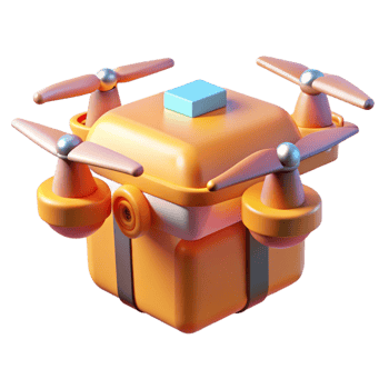 serene classic A stylized, low-poly model of a futuristic drone delivering a package, illuminated by warm, afternoon sunlight, in a minimalist style premium png