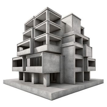 wonderful contemporary Brutalist concrete apartment complex, repetitive geometric forms, stark shadows, grayscale photography style genuine png