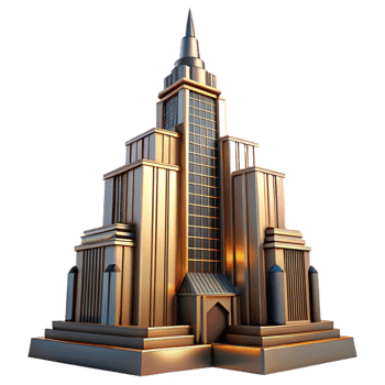 stunning traditional Art Deco skyscraper, intricate geometric facade, chrome accents, volumetric lighting, sunset hues, rendered in a hyperrealistic style 4K png