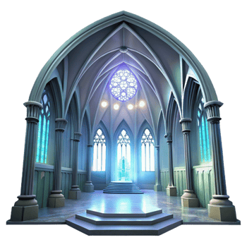 wonderful rustic Gothic cathedral interior, stained glass windows depicting celestial scenes, shafts of light, ethereal atmosphere, digital painting style exclusive png