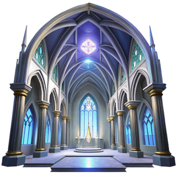 dramatic minimalist Gothic cathedral interior, stained glass windows depicting celestial scenes, shafts of light, ethereal atmosphere, digital painting style authentic png