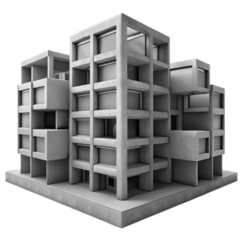 vibrant contemporary Brutalist concrete apartment complex, repetitive modular units, harsh shadows, grayscale, photorealistic style detailed png