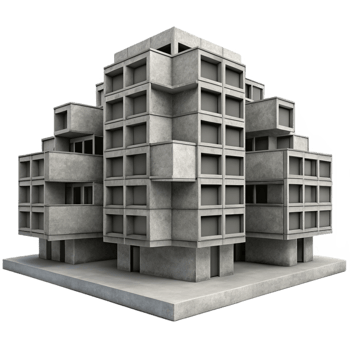 vibrant rustic Brutalist concrete apartment complex, repetitive modular units, harsh shadows, grayscale, photorealistic style high resolution png