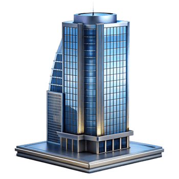 elegant vintage Modernist glass and steel skyscraper, clean lines, reflective surfaces, urban setting at night, architectural photography style high quality png