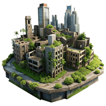 magnificent rustic Post-apocalyptic cityscape, crumbling buildings, overgrown vegetation, dim lighting, dystopian style high resolution png