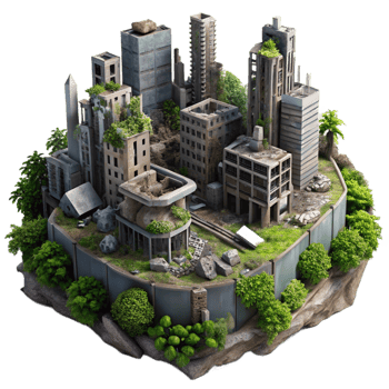 vibrant traditional Post-apocalyptic cityscape, crumbling buildings, overgrown vegetation, dim lighting, dystopian style detailed png