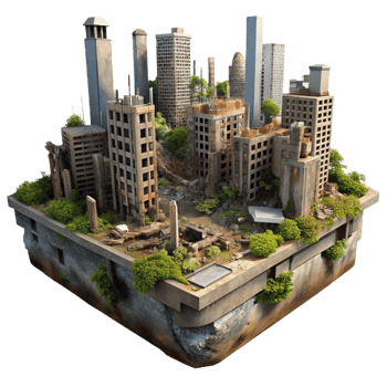 extraordinary creative Post-apocalyptic cityscape, crumbling buildings, overgrown vegetation, dim lighting, dystopian style exclusive png