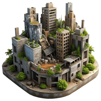 extraordinary modern Post-apocalyptic cityscape, crumbling buildings, overgrown vegetation, dim lighting, dystopian style authentic png