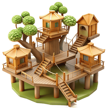 impressive abstract Treehouse village, interconnected wooden platforms and bridges, dappled sunlight, whimsical style genuine png