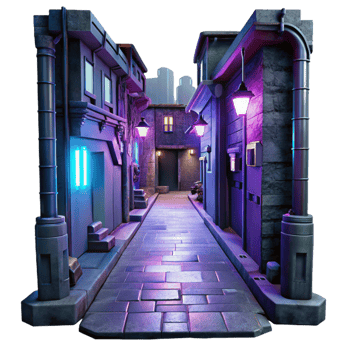 vibrant classic Cyberpunk alleyway, neon signs, holographic projections, gritty textures, dark and moody lighting genuine png