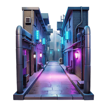 magnificent traditional Cyberpunk alleyway, neon signs, holographic projections, gritty textures, dark and moody lighting original png