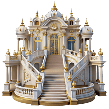 extraordinary creative Baroque palace, ornate facades, gilded details, grand staircase, opulent style detailed png