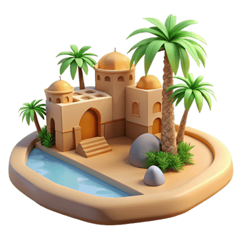 beautiful contemporary Desert oasis, traditional mud-brick architecture, palm trees, bright sunlight, serene atmosphere genuine png