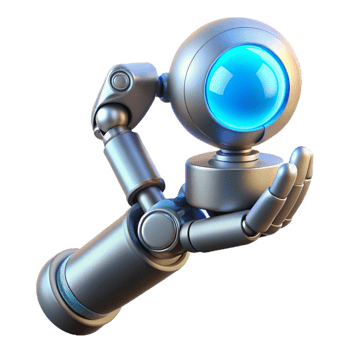 wonderful traditional A gleaming chrome robotic arm delicately holding a glowing orb of data, illuminated by soft blue neon light in a cyberpunk style exclusive png