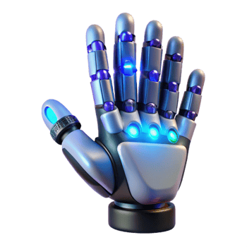 dramatic artistic A hyperrealistic robotic hand intricately crafting a microchip, illuminated by cool blue LED light, in a chiaroscuro style professional png