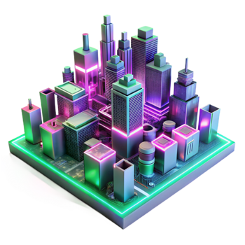 elegant artistic A futuristic cityscape composed entirely of interconnected circuit boards and glowing wires, illuminated by neon pink and green lights, in a synthwave style professional png