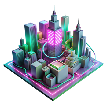 magnificent classic A futuristic cityscape composed entirely of interconnected circuit boards and glowing wires, illuminated by neon pink and green lights, in a synthwave style premium png