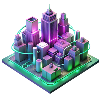 extraordinary creative A futuristic cityscape composed entirely of interconnected circuit boards and glowing wires, illuminated by neon pink and green lights, in a synthwave style high quality png