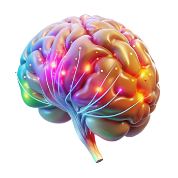 elegant modern A transparent human brain with neural pathways firing in vibrant, multicolored pulses, lit by a pulsating white light, in a biopunk style high resolution png