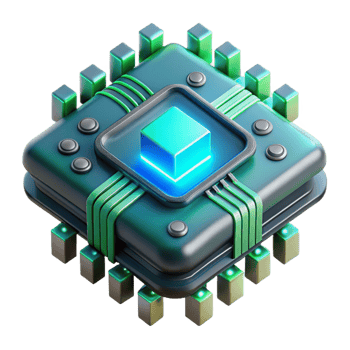 serene modern A close-up of a futuristic circuit board with intricate details and glowing components, illuminated by a cool, blue-green light, in a technical illustration style exclusive png