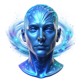 dramatic creative A holographic projection of a human face composed of swirling particles of light, illuminated by a cool, blue light, in a digital art style high quality png