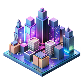 dramatic abstract A futuristic cityscape composed entirely of interconnected circuit boards and glowing data streams, viewed from a low angle, vibrant neon colors, isometric style genuine png