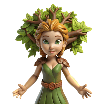 magnificent abstract A graceful dryad emerging from an ancient oak tree, her skin made of bark and her hair of leaves, lit by dappled sunlight, in a whimsical, fairytale illustration style 4K png