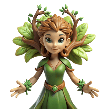 wonderful rustic A graceful dryad emerging from an ancient oak tree, her skin made of bark and her hair of leaves, lit by dappled sunlight, in a whimsical, fairytale illustration style high quality png