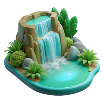 impressive creative A cascading waterfall plunging into a turquoise pool, surrounded by lush green vegetation, long exposure photography style exclusive png