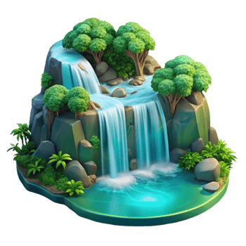 extraordinary contemporary A cascading waterfall plunging into a turquoise pool, surrounded by lush green vegetation, long exposure photography style original png