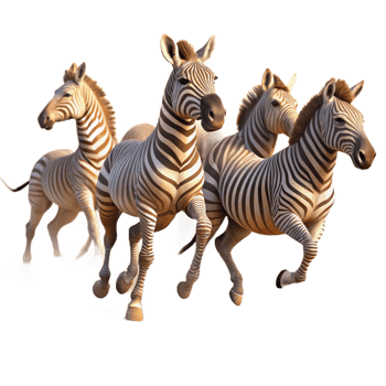 serene contemporary A herd of zebras galloping across a dusty plain, kicked-up dust illuminated by golden hour sunlight, Impressionist painting style premium png