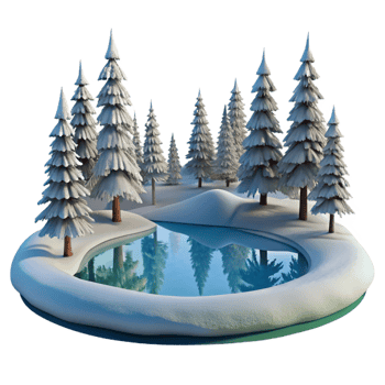 dramatic creative A frozen lake reflecting the surrounding snow-covered trees, serene and peaceful atmosphere, winter landscape photography style professional png