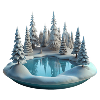 elegant artistic A frozen lake reflecting the surrounding snow-covered trees, serene and peaceful atmosphere, winter landscape photography style high resolution png